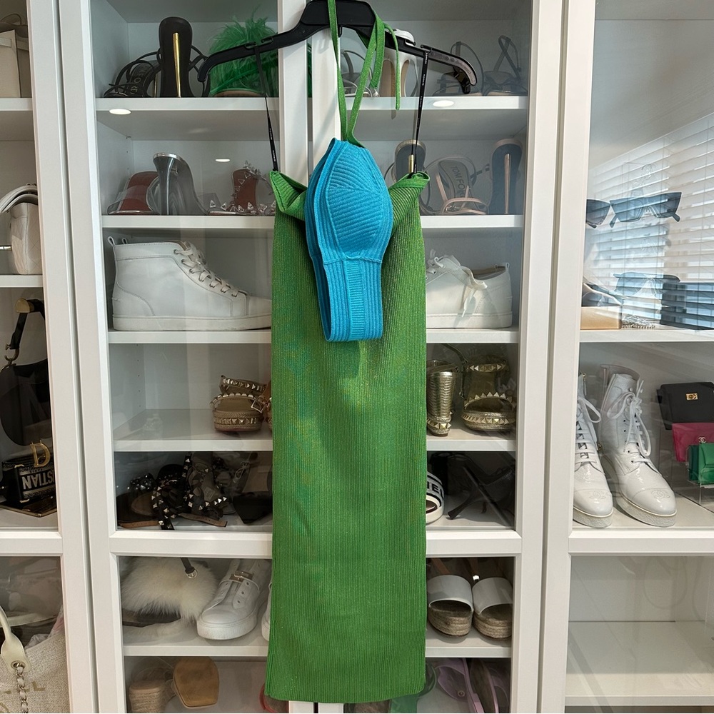 Retrofete Green Midi Dress with Blue Bodice Detail